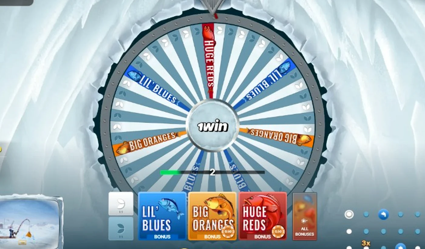 Ice Fishing Live betting strip with chips, Undo, Double and Lil' Blues Big Oranges Huge Reds bonus buttons